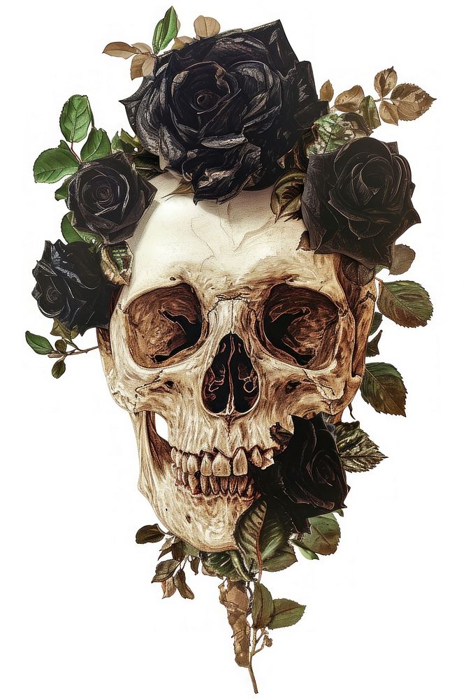 A japanese Skull with black roses art flower plant.
