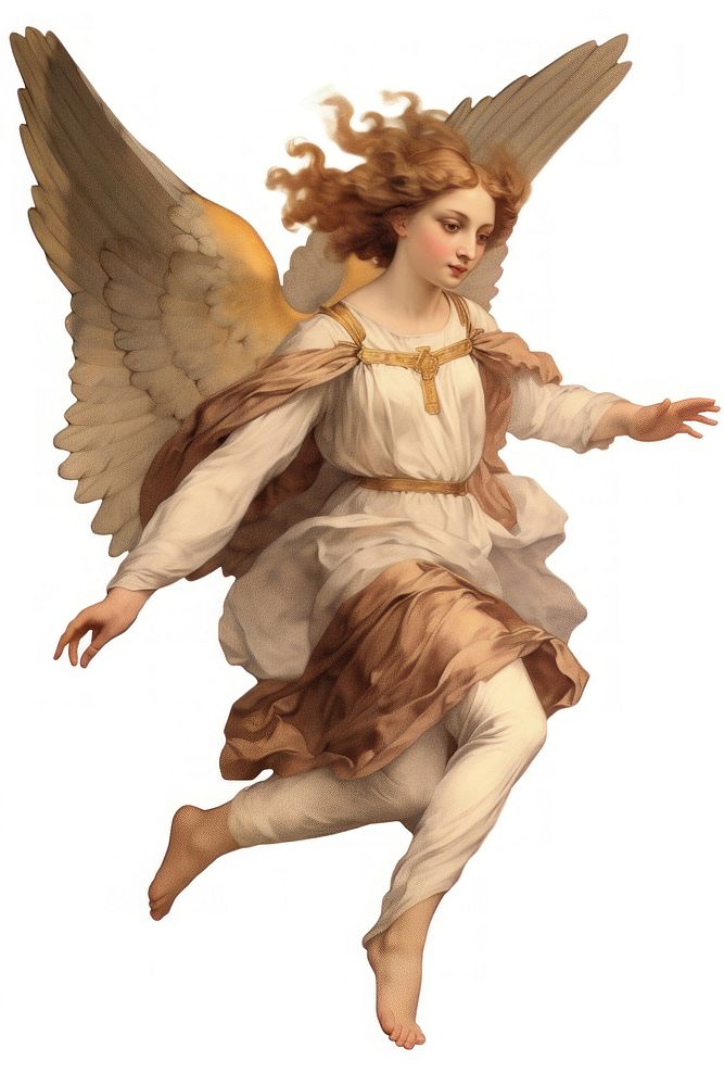 An angel flying in usesual pose adult white background representation.