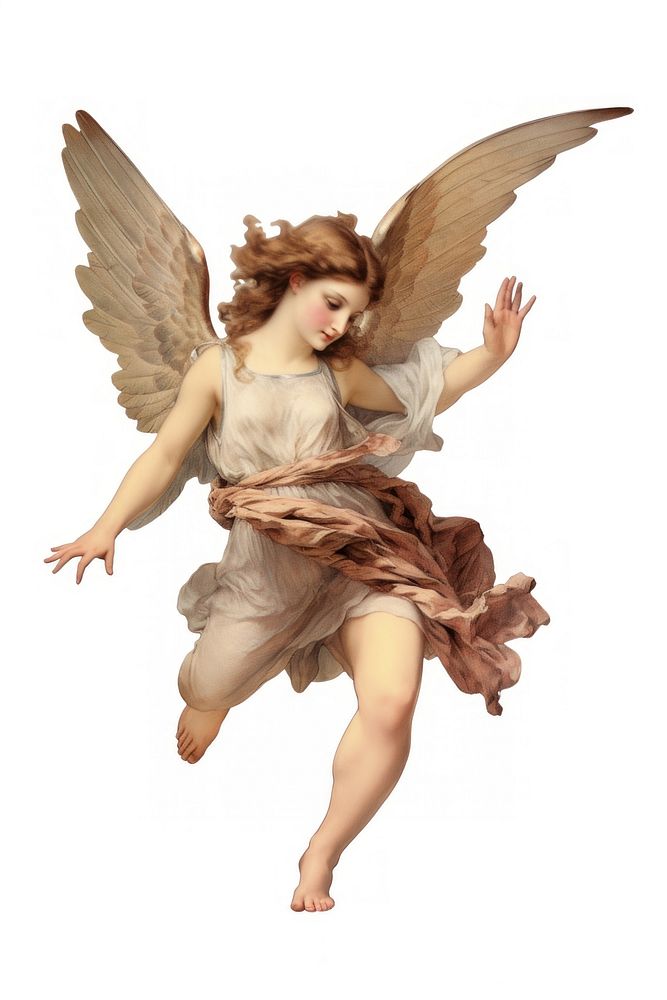 An angel flying in usesual pose white background representation spirituality.