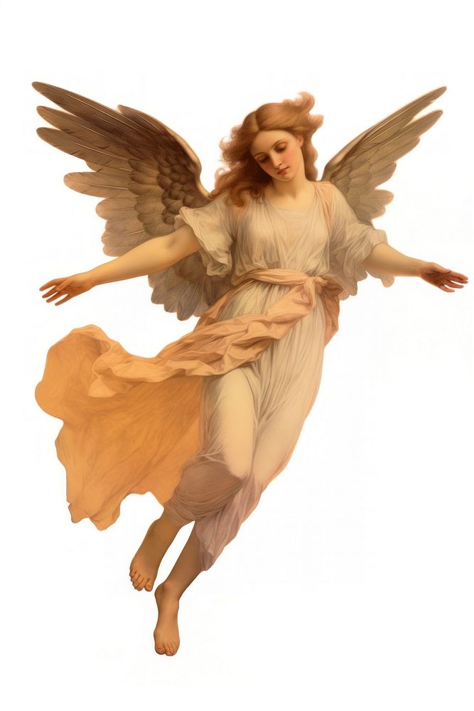 An angel flying in usesual pose adult white background representation.