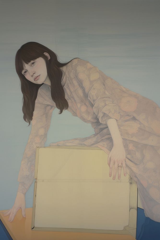 A girl holding a large box portrait painting drawing.