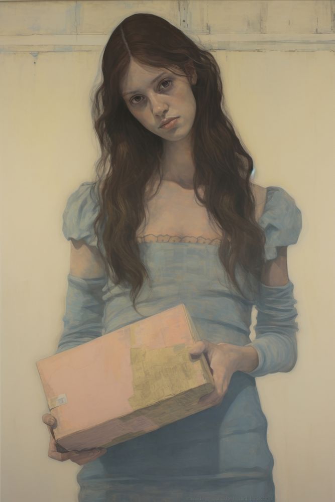 A girl holding a large box portrait painting art.