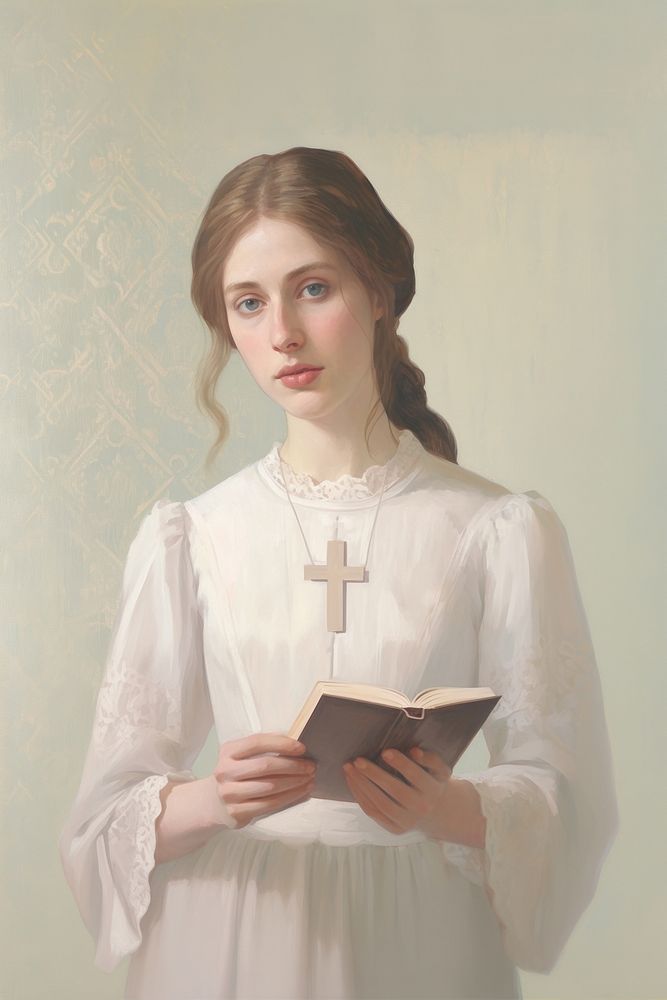 A Christian girl in a white dress holding a Christ cross necklace and a Bible book portrait painting adult.