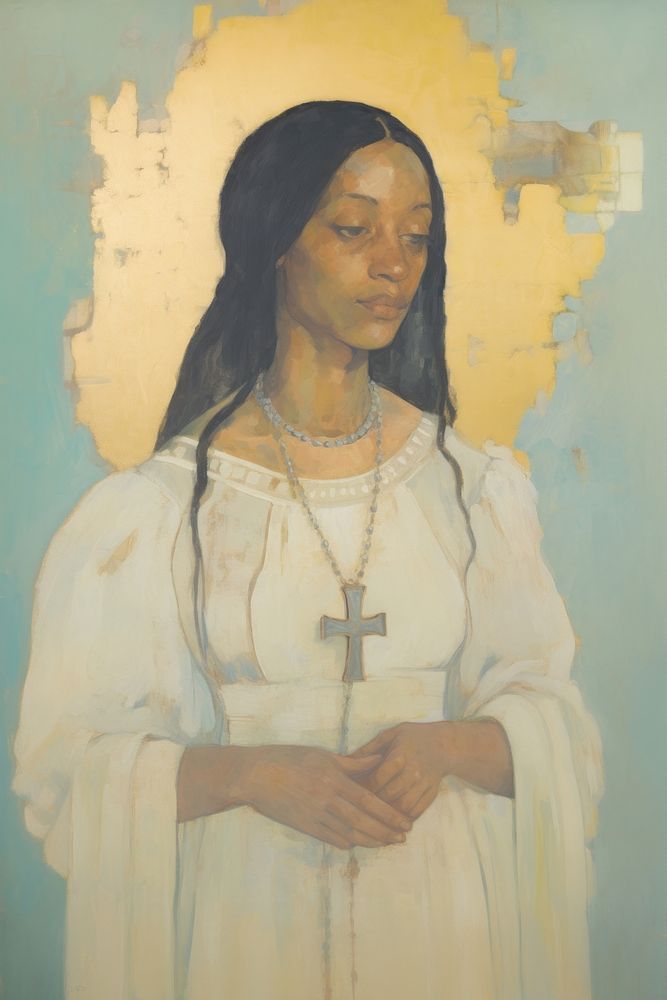 A Christian person in a white dress holding a Christ cross necklace portrait painting adult.