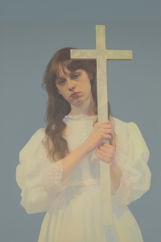 A Christian person in a white dress holding a Christ cross portrait painting face.