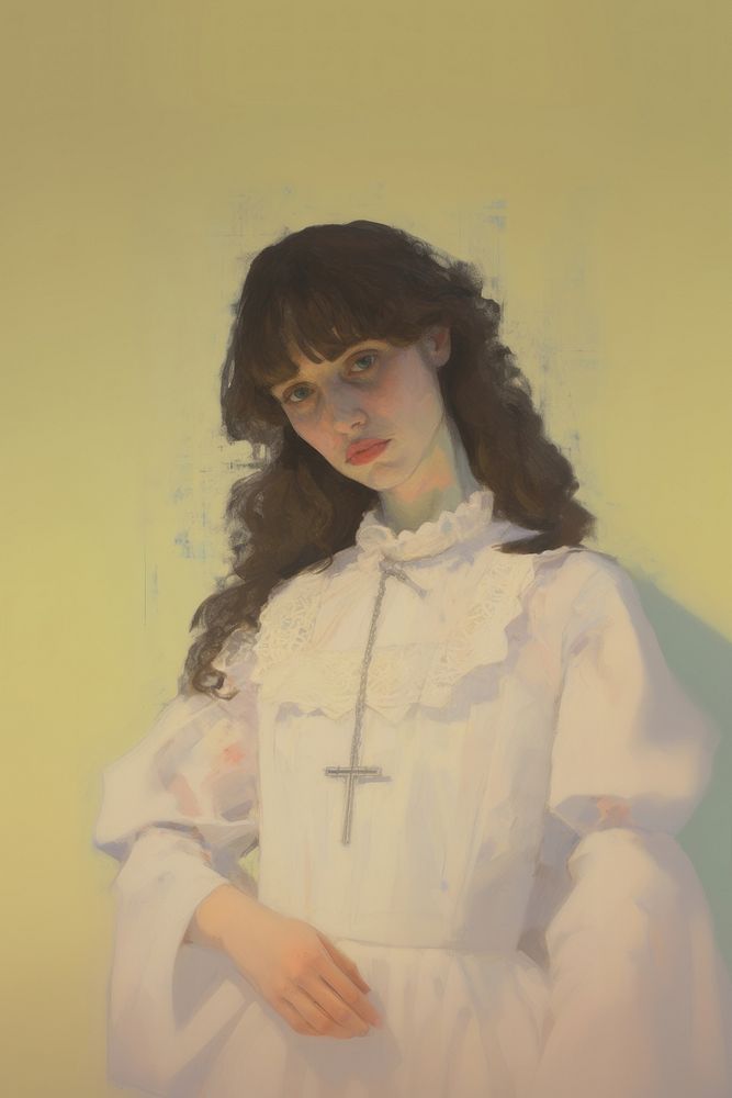 A Christian person in a white dress holding a Christ cross necklace portrait painting fashion.
