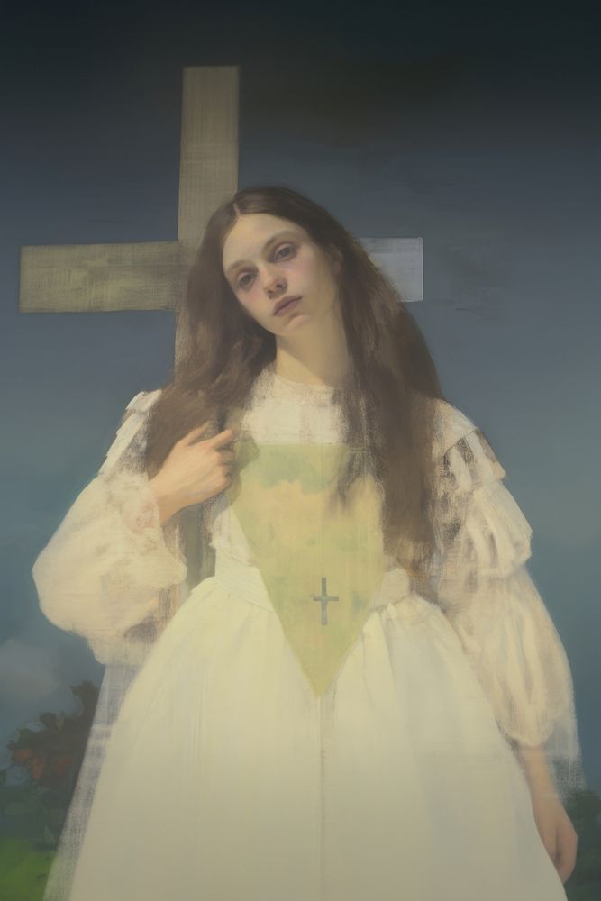 A Christian person in a white dress holding a Christ cross portrait painting fashion.