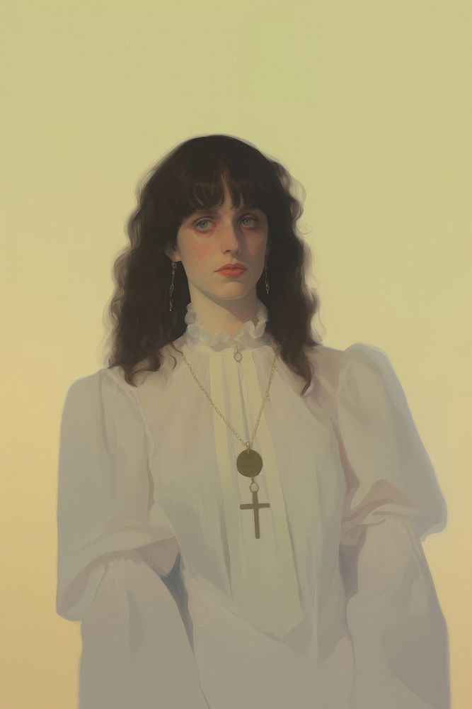 A Christian person in a white dress holding a Christ cross necklace portrait painting adult.