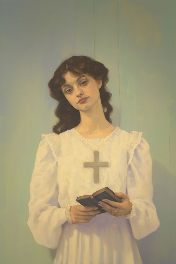 A Christian person in a white dress holding a Christ cross necklace and a Bible book portrait painting text.