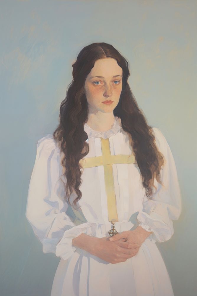A Christian person in a white dress holding a Christ cross necklace portrait painting face.