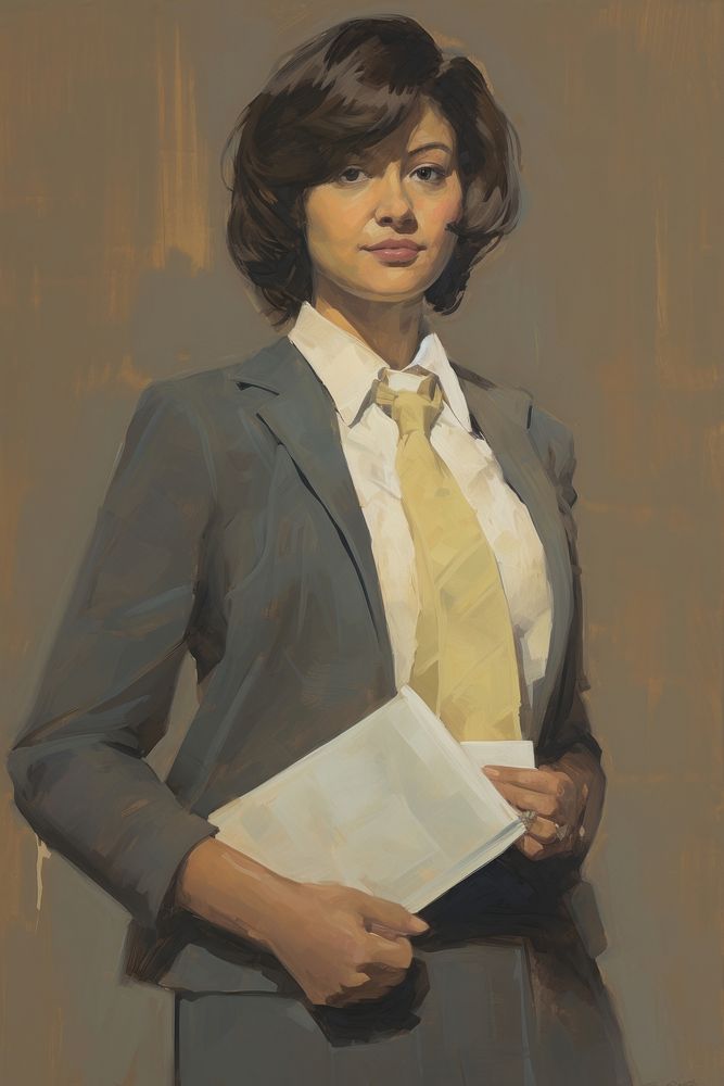 A lawyer woman in a proper suit holder a paper folder portrait painting adult.