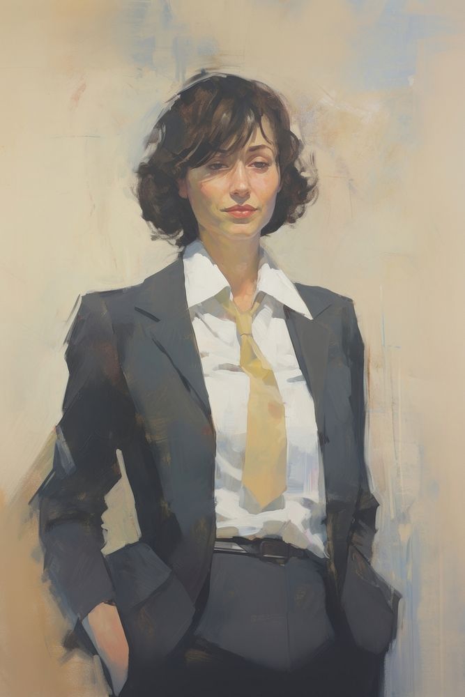 A lawyer woman in a proper suit portrait painting blazer.