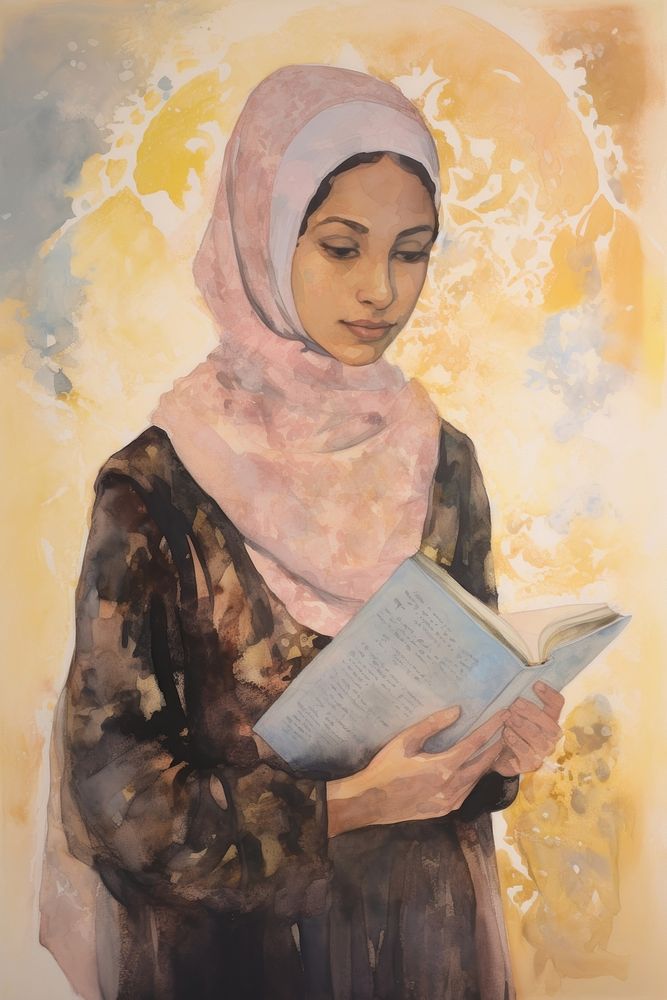 A Muslim girl holding an Islamic Quran book painting portrait reading.