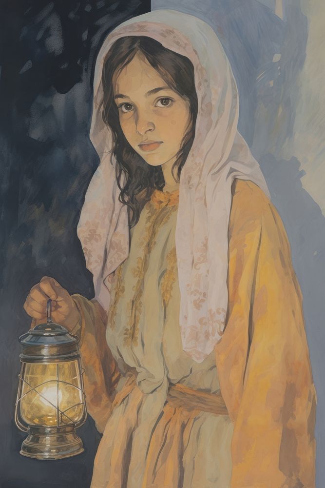 A Muslim girl holding a Ramadan Islamic lantern portrait painting art.
