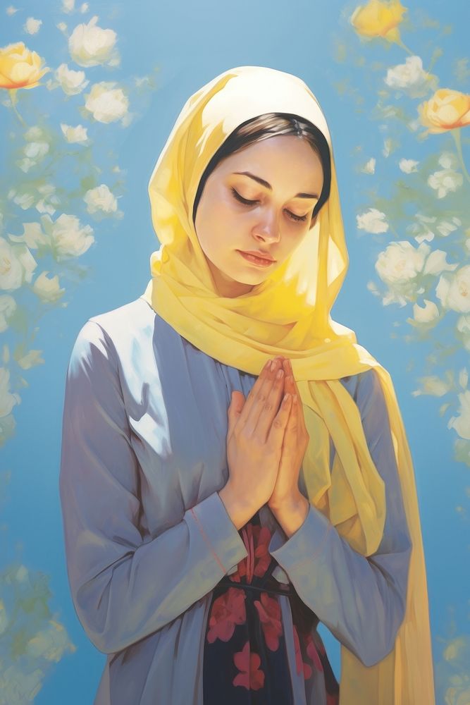 A Muslim girl praying to God portrait scarf spirituality.