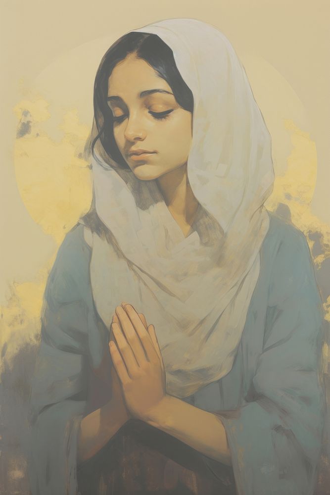 A Muslim girl praying to God portrait painting art.