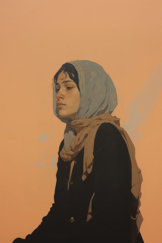 A Muslim girl praying to God portrait painting scarf.