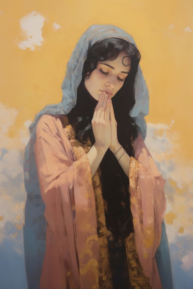 A Muslim girl praying to God portrait painting adult.