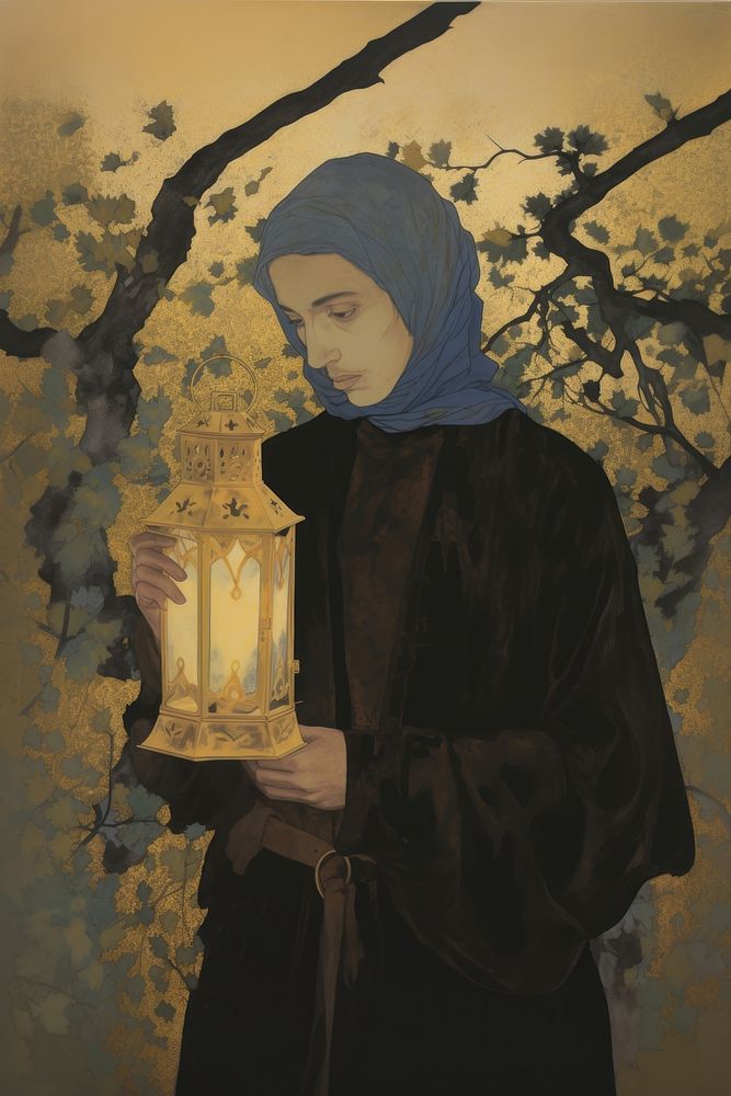 A Muslim person holding a Ramadan Islamic lantern painting adult art.