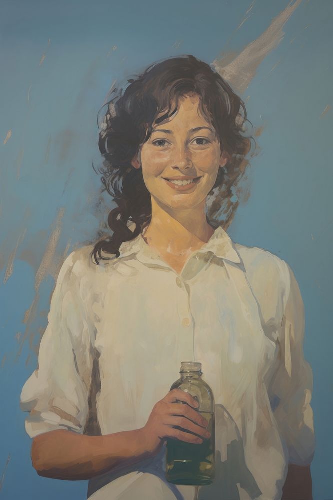 A woman carrying a small can with a smile on her face portrait painting bottle.
