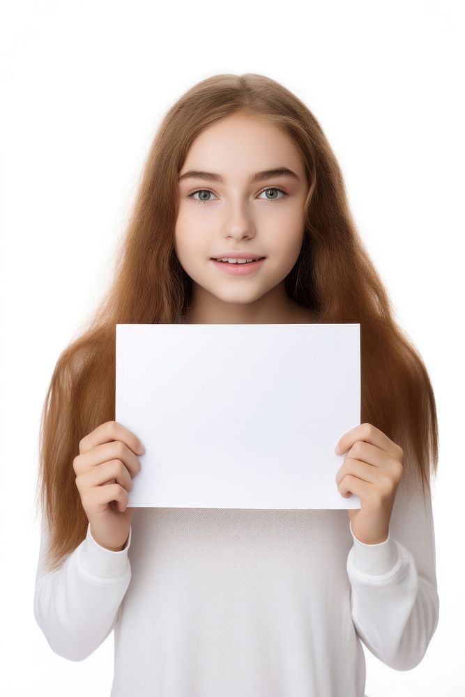 Brave teen girl holding up a white paper sign portrait photo white background.