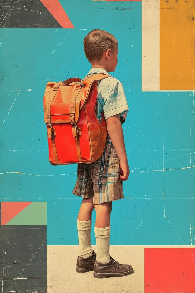A kid in School uniform footwear backpack standing.