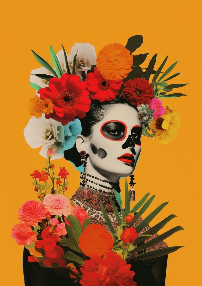 A Mexican woman elegantly adorned in Day of the Dead makeup flower photography asteraceae.