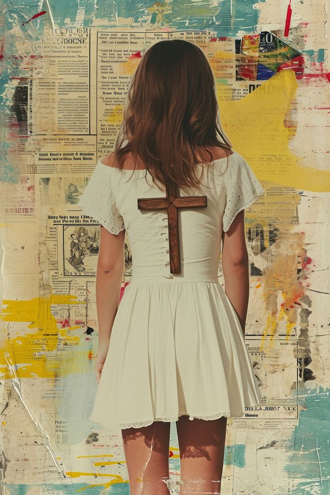 A Christian girl in a white dress holding a Christ cross skirt architecture hairstyle.