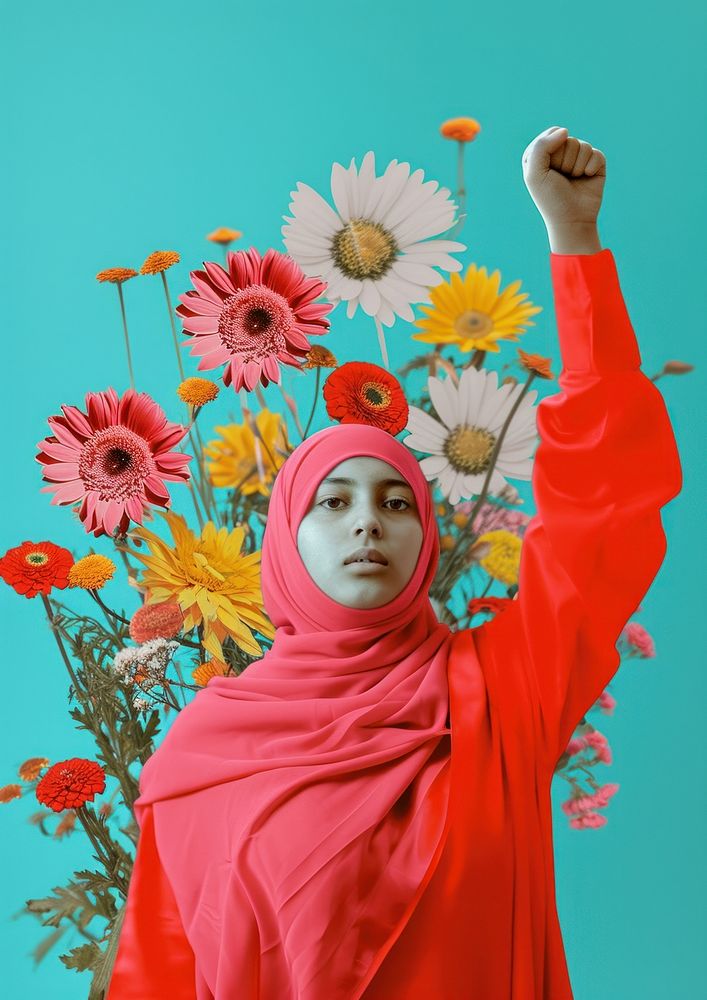 A brave Muslim girl raising her fist with flowers portrait adult plant.