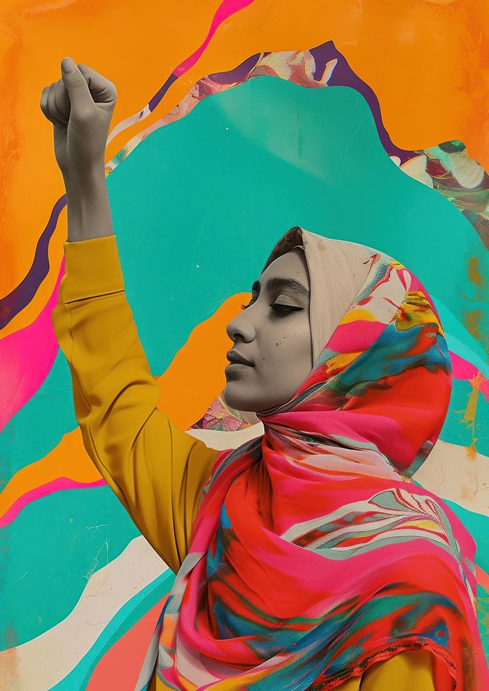A brave Muslim girl raising her fist painting portrait adult.