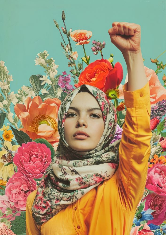 A brave Muslim girl raising her fist with flowers portrait plant photography.