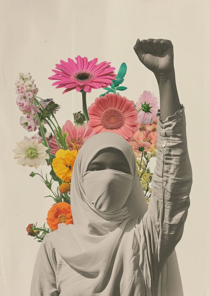 A brave Muslim girl raising her fist with flowers portrait painting plant.