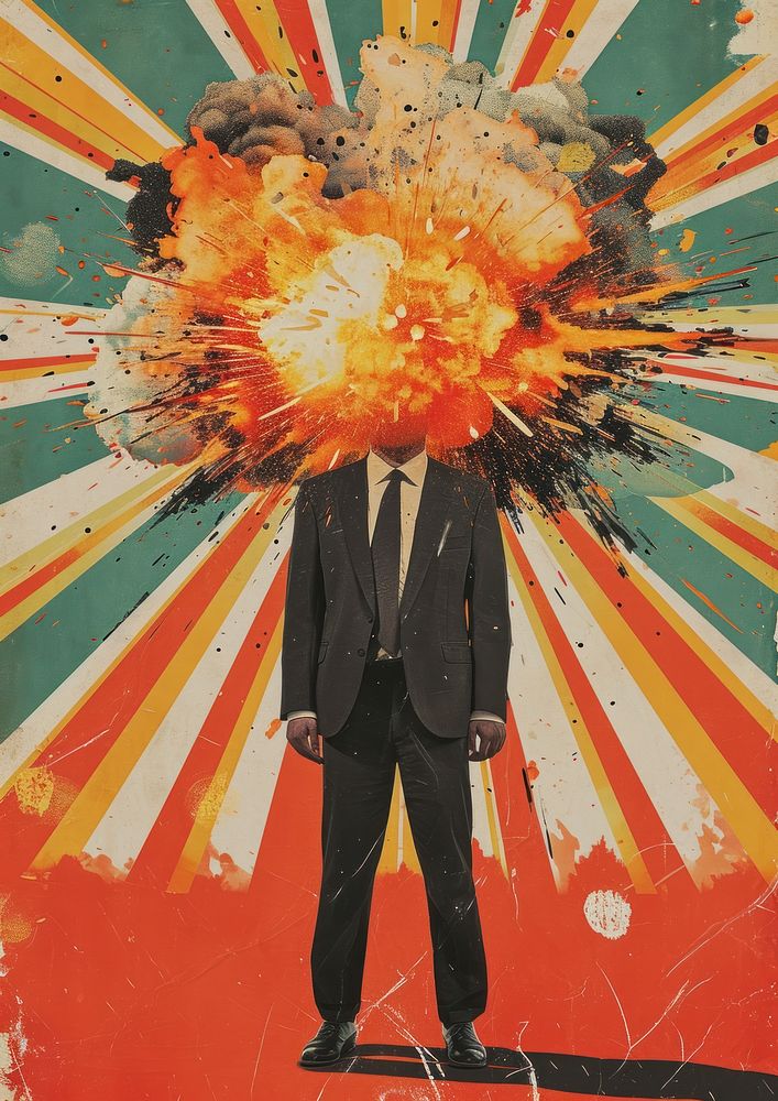 A business man and Dramatic Explosion on his head explosion painting adult.