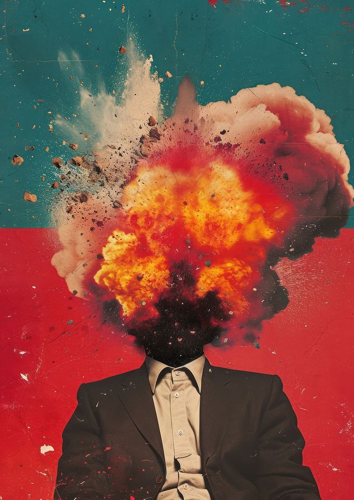 A business man and Dramatic Explosion on his head explosion painting art.
