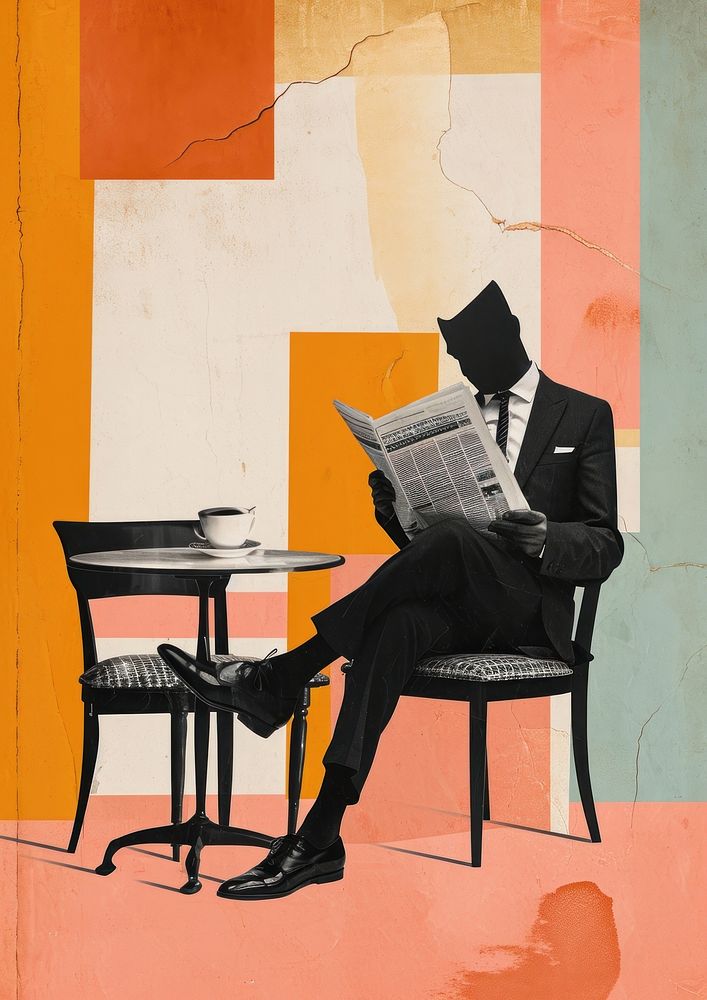 A businessman reading a newspaper on a chair with a cup of coffee placed on the nearby table sitting adult accessories.