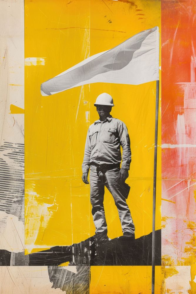 A labor wearing Safety helmet adult flag architecture.