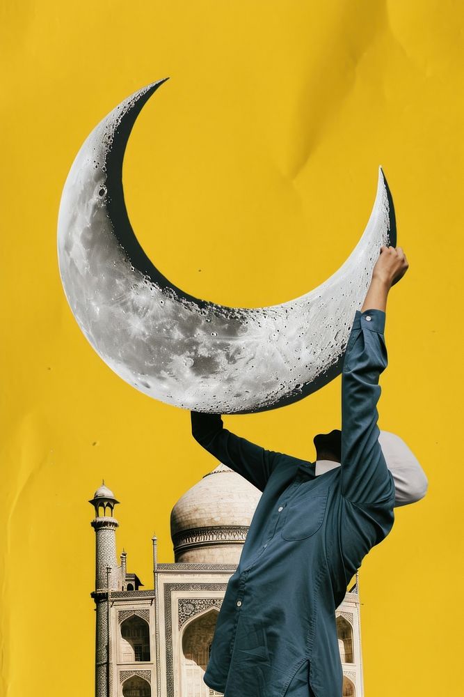 A Mosque with big Moon Crescent behind moon astronomy crescent.