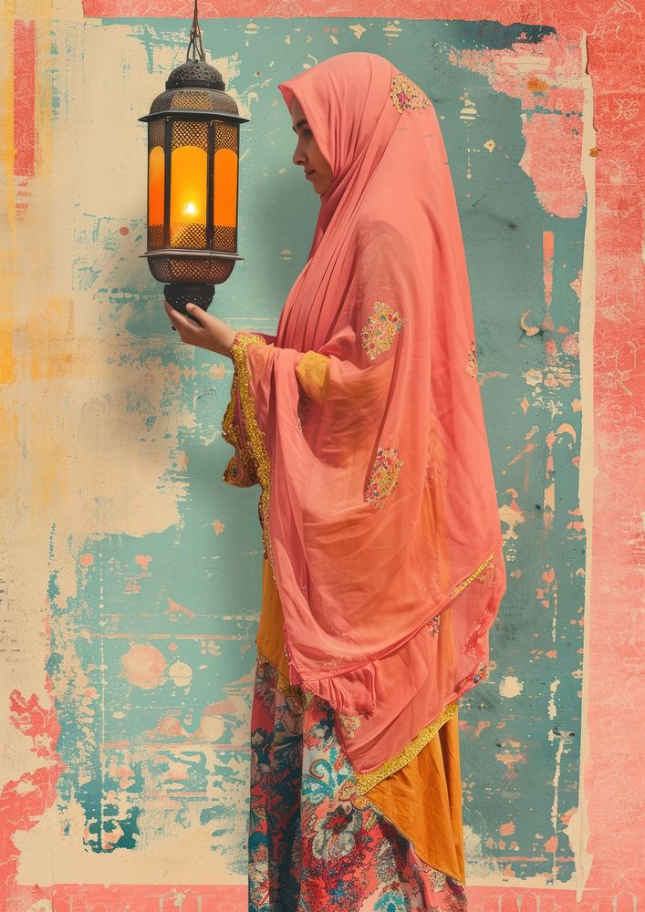 A Muslim girl dressed in a hijab holding a Ramadan lantern adult lamp architecture.
