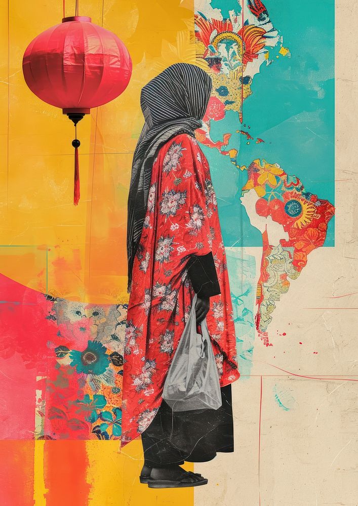 A Muslim girl dressed in a hijab holding a Ramadan lantern collage adult art.