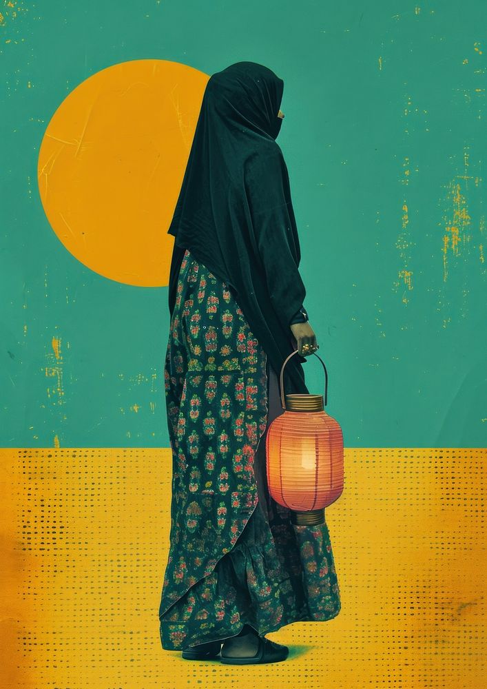 A Muslim girl dressed in a hijab holding a Ramadan lantern adult art painting.