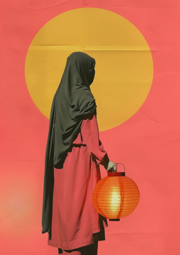 A Muslim girl dressed in a hijab holding a Ramadan lantern adult architecture tradition.