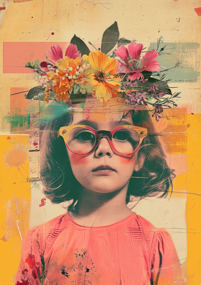An American little girl wearing glasses and a flower crown collage accessories photography.