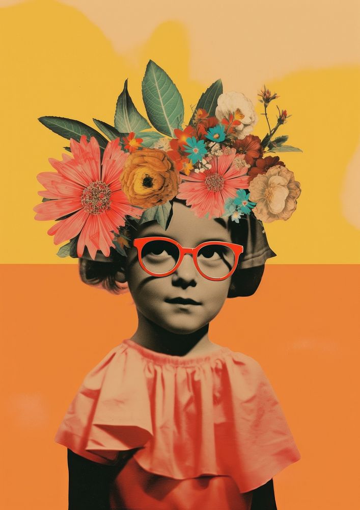 An American little girl wearing glasses and a flower crown photography portrait painting.