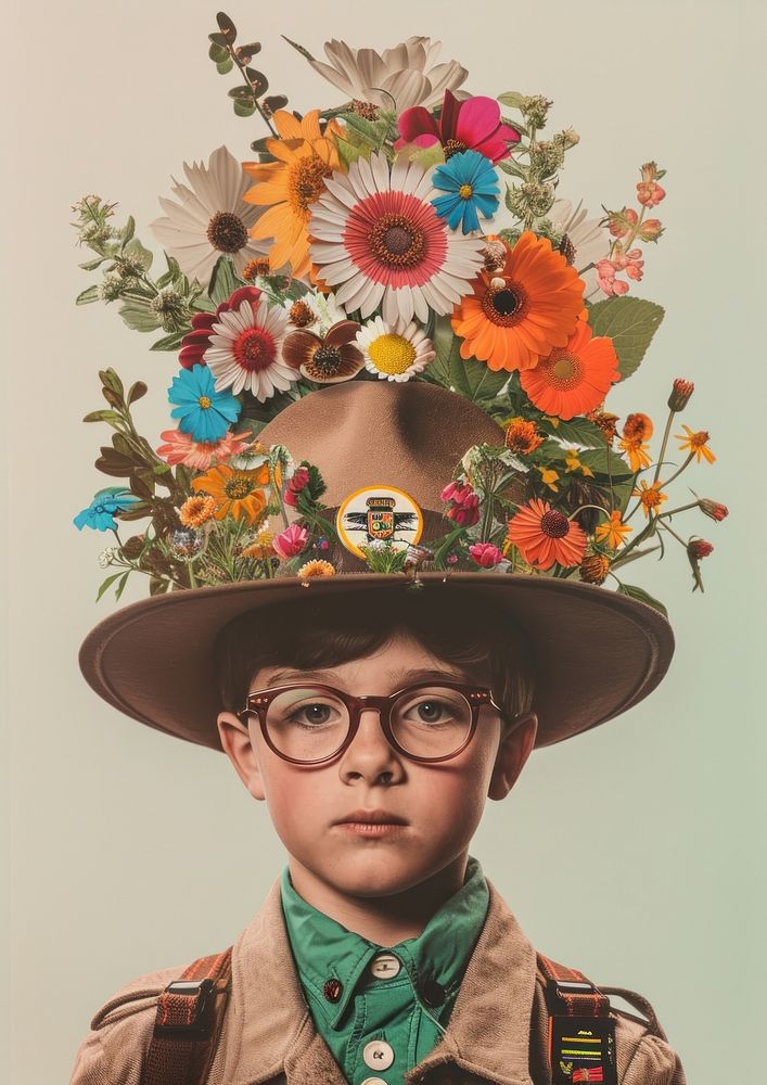 An American little boy glasses flower hat.