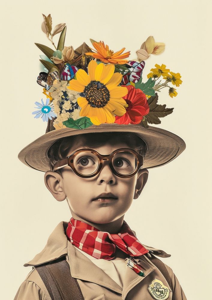 An American little boy glasses flower hat.