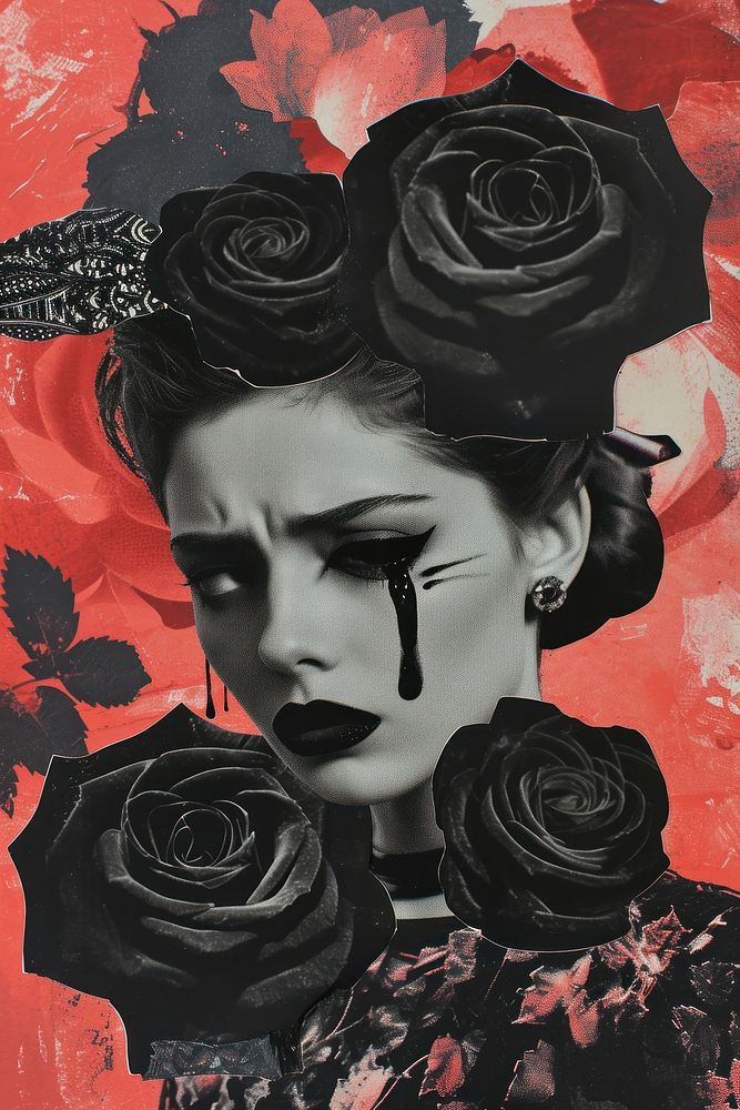Woman is depicted with black mascara running down her face due to tears rose painting blossom.