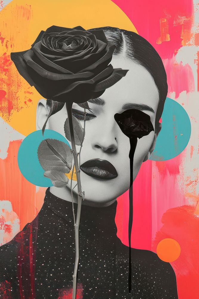 Woman is depicted with black mascara running down her face due to tears rose painting blossom.
