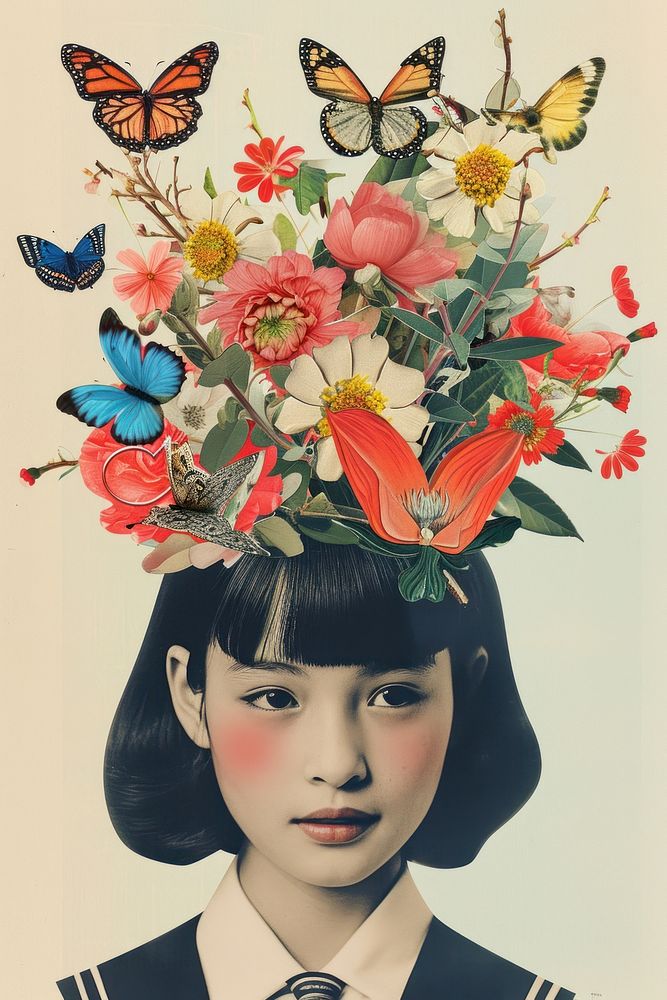 Japanese girl in School uniform portrait flower painting.