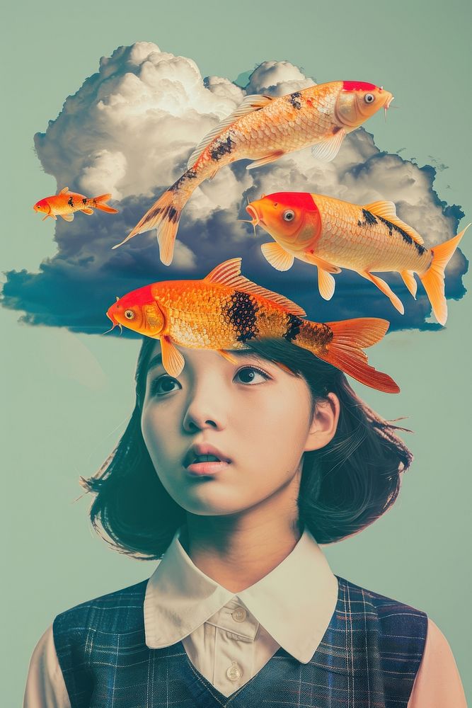 Japanese girl in School uniform portrait cloud head.