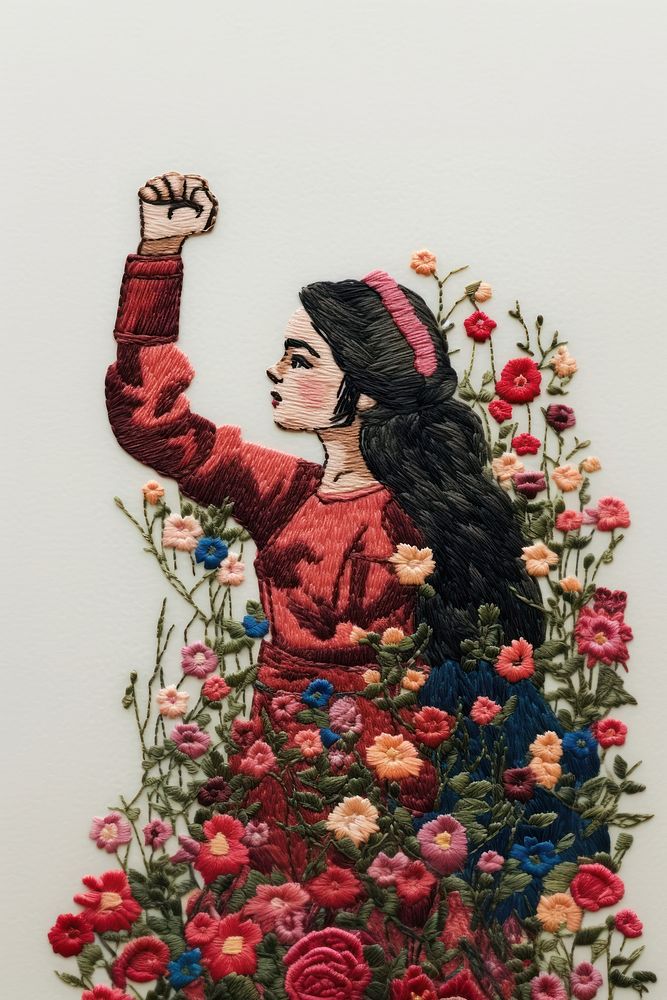 A brave girl rise her fist embroidery painting adult.